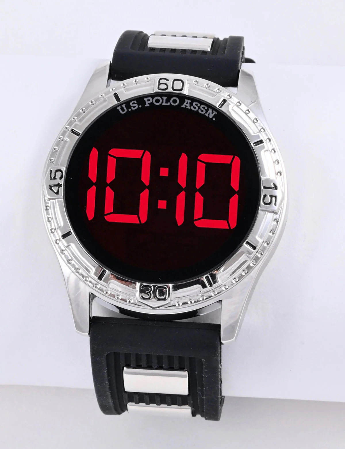 MEN'S BLACK RUBBER AND SILVER LINK LED WATCH