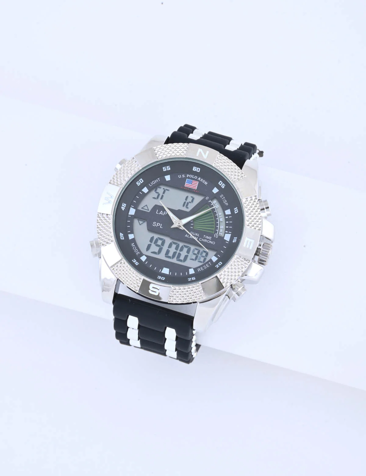 MEN'S BLACK STRAP WITH SILVER BEZEL ANA DIGI WATCH