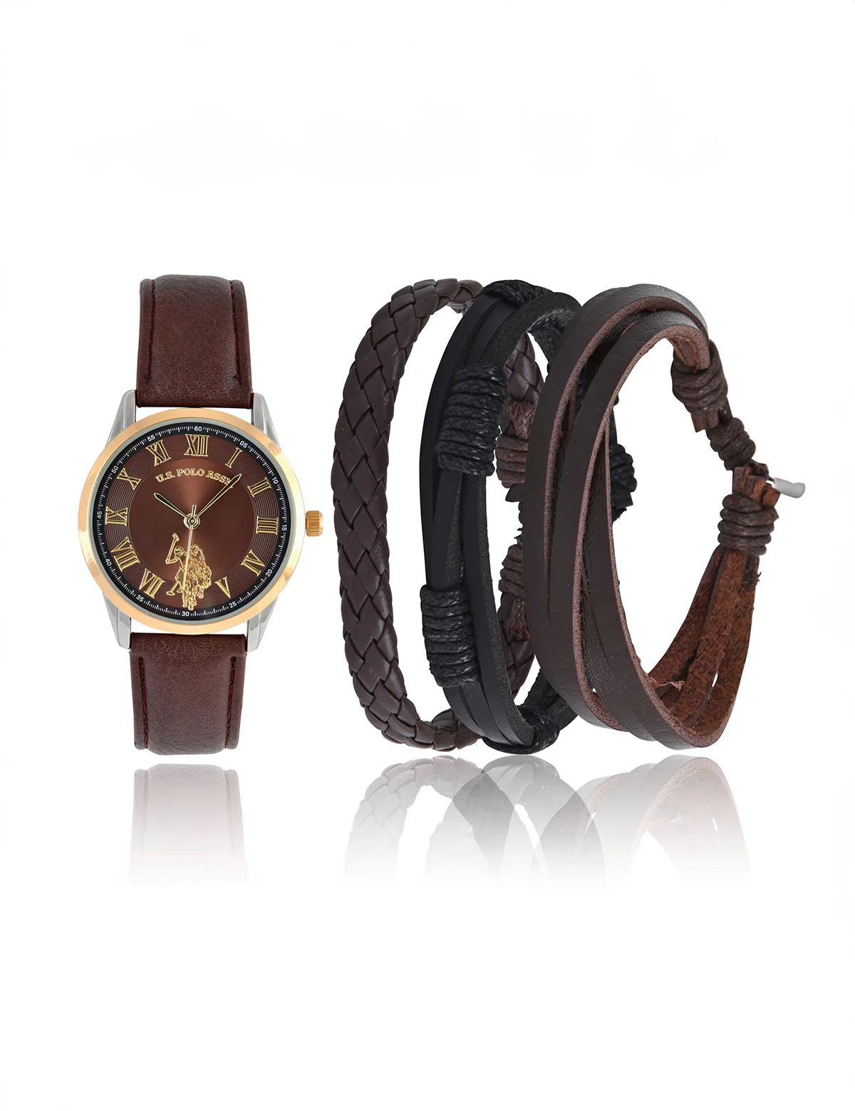 MENS BROWN STRAP WATCH AND BRACELETS SET - Image 2