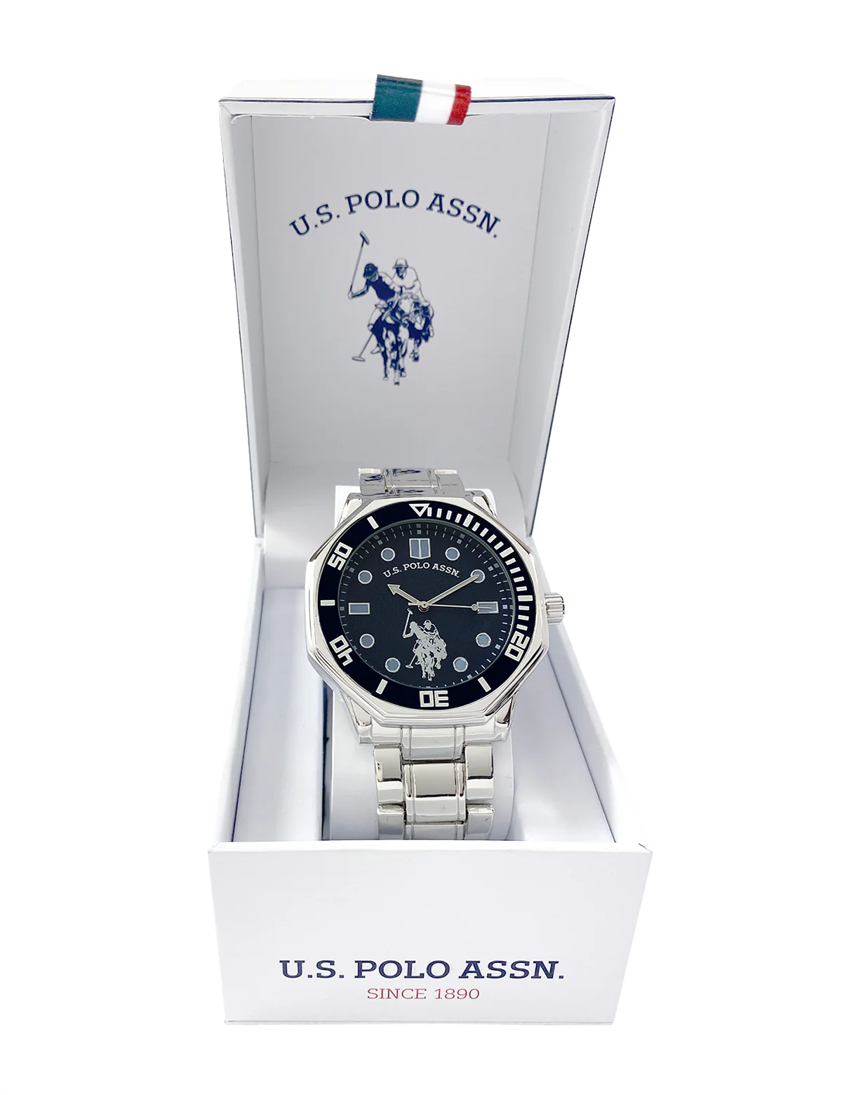 MENS SILVER LINK ANALOG WATCH WITH NAVY FACE - Image 2