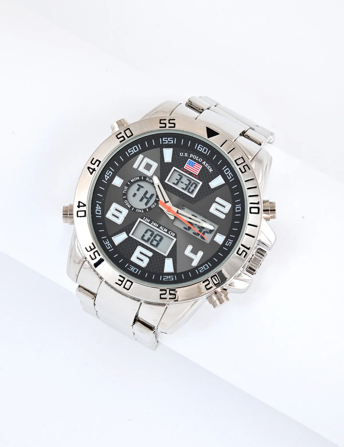 MENS SILVERTONE BLACK ACCENT ANADIGI WATCH