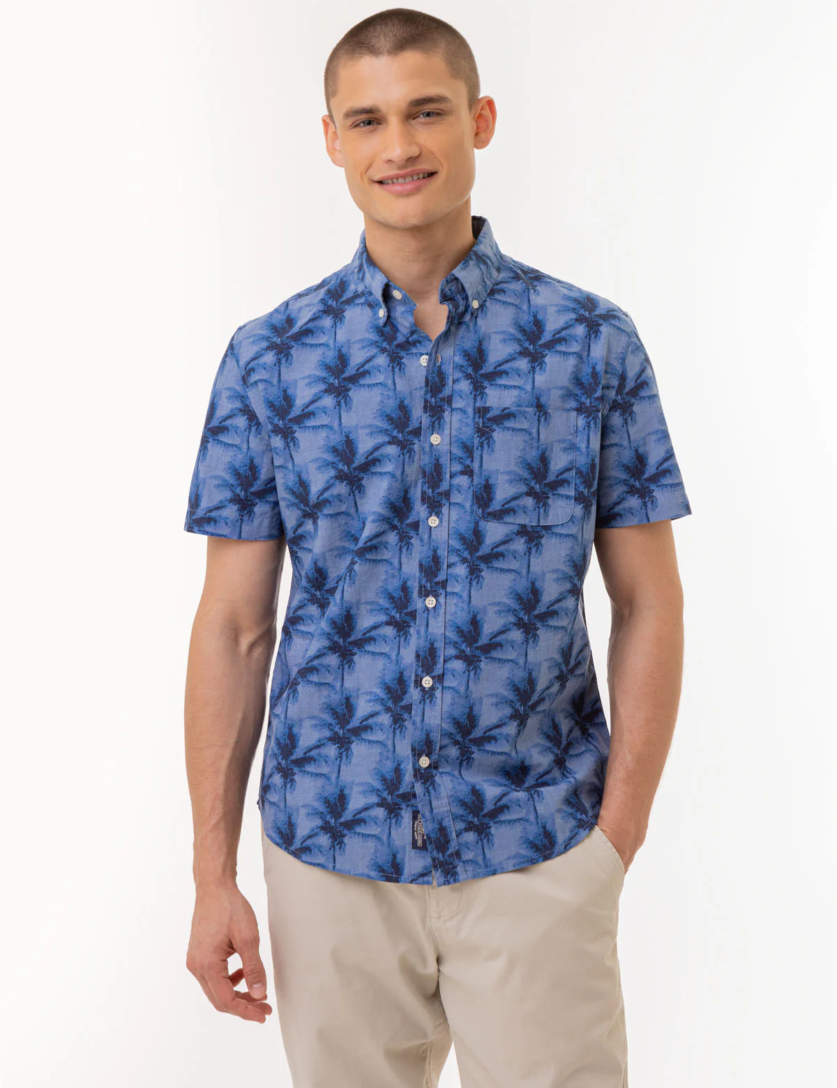 PALM TREE SLUB CHAMBRAY WOVEN SHIRT