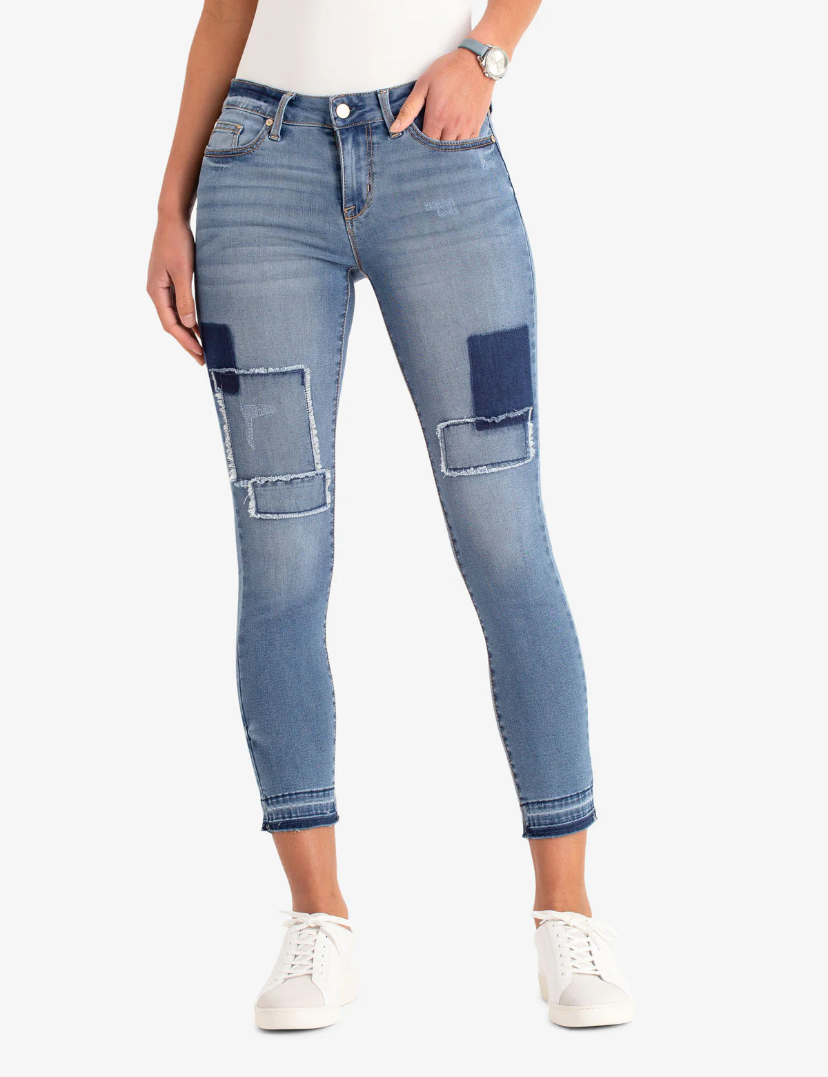 MID RISE SHORT SUPER SKINNY PATCHED JEANS