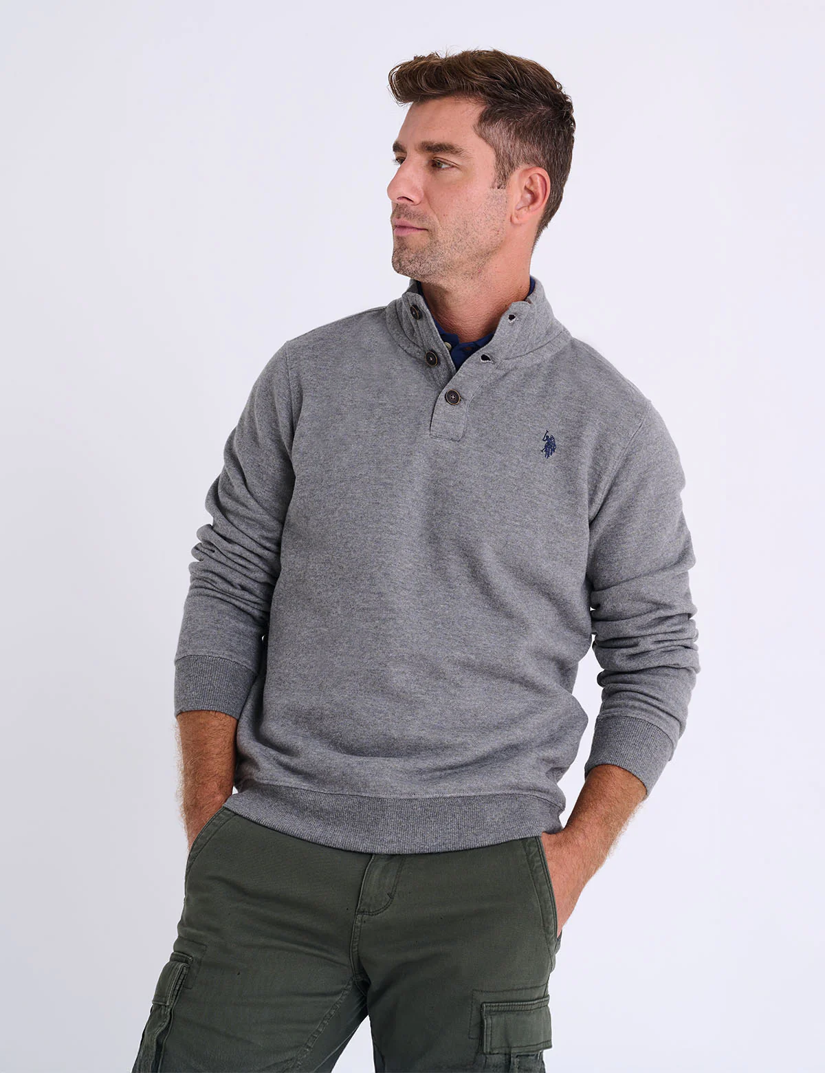 PEACHED FLEECE BUTTON MOCK NECK PULLOVER