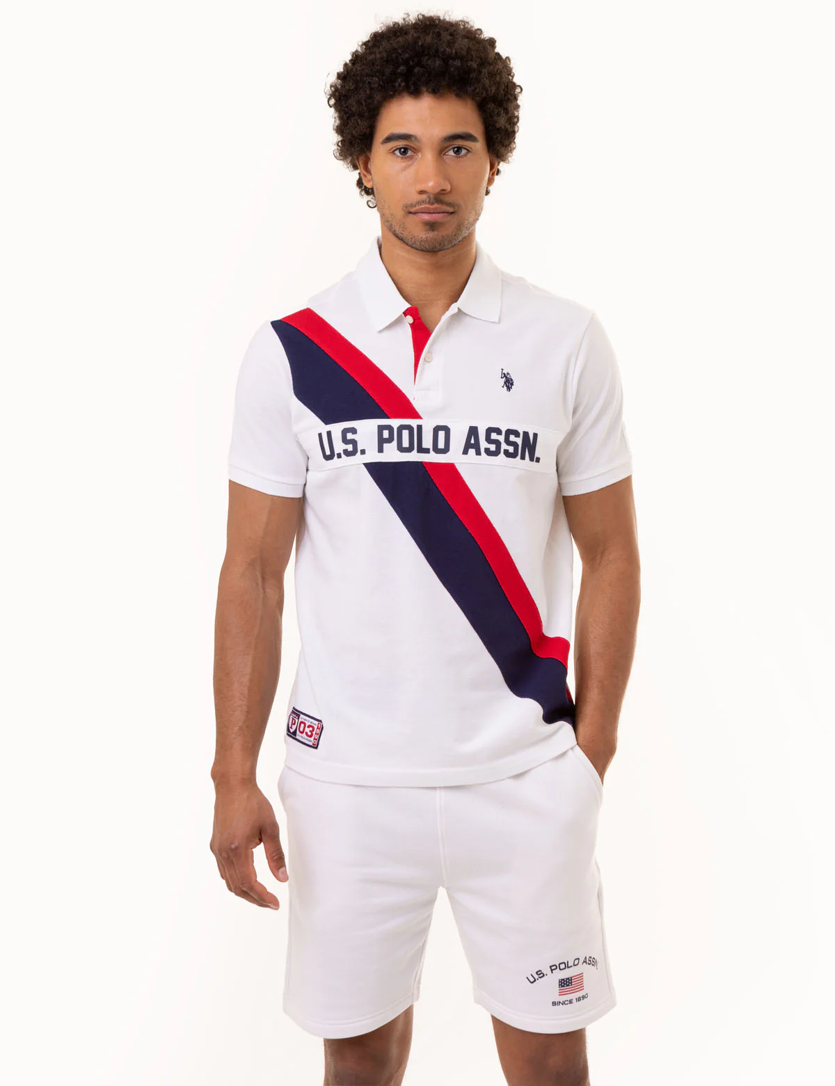 PIECED DIAGONAL SASH PIQUE POLO SHIRT
