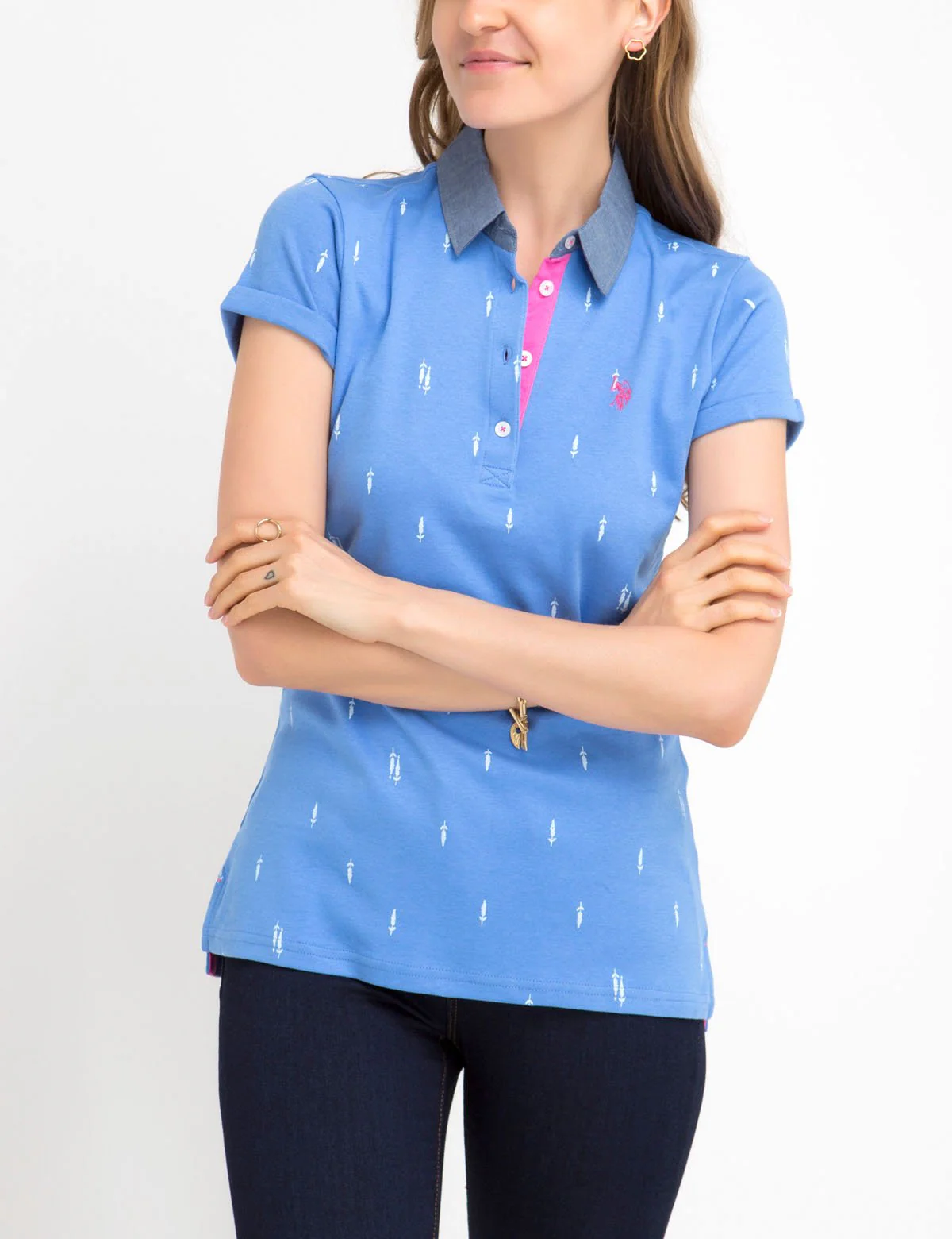 PREMIUM PRINT POLO SHIRT WITH CHAMBRAY COLLAR
