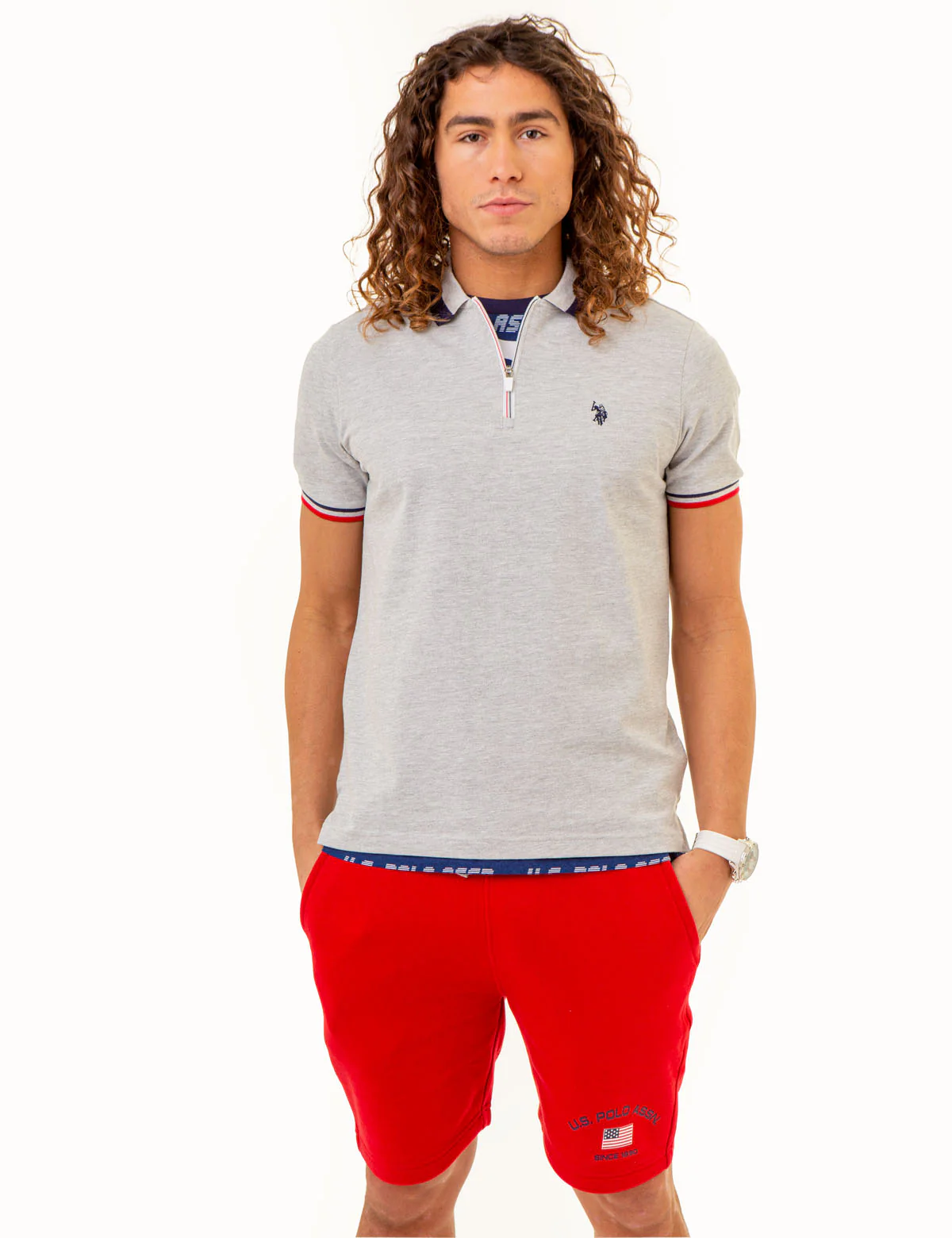 RED WHITE AND BLUE ZIPPER PIQUE POLO SHIRT