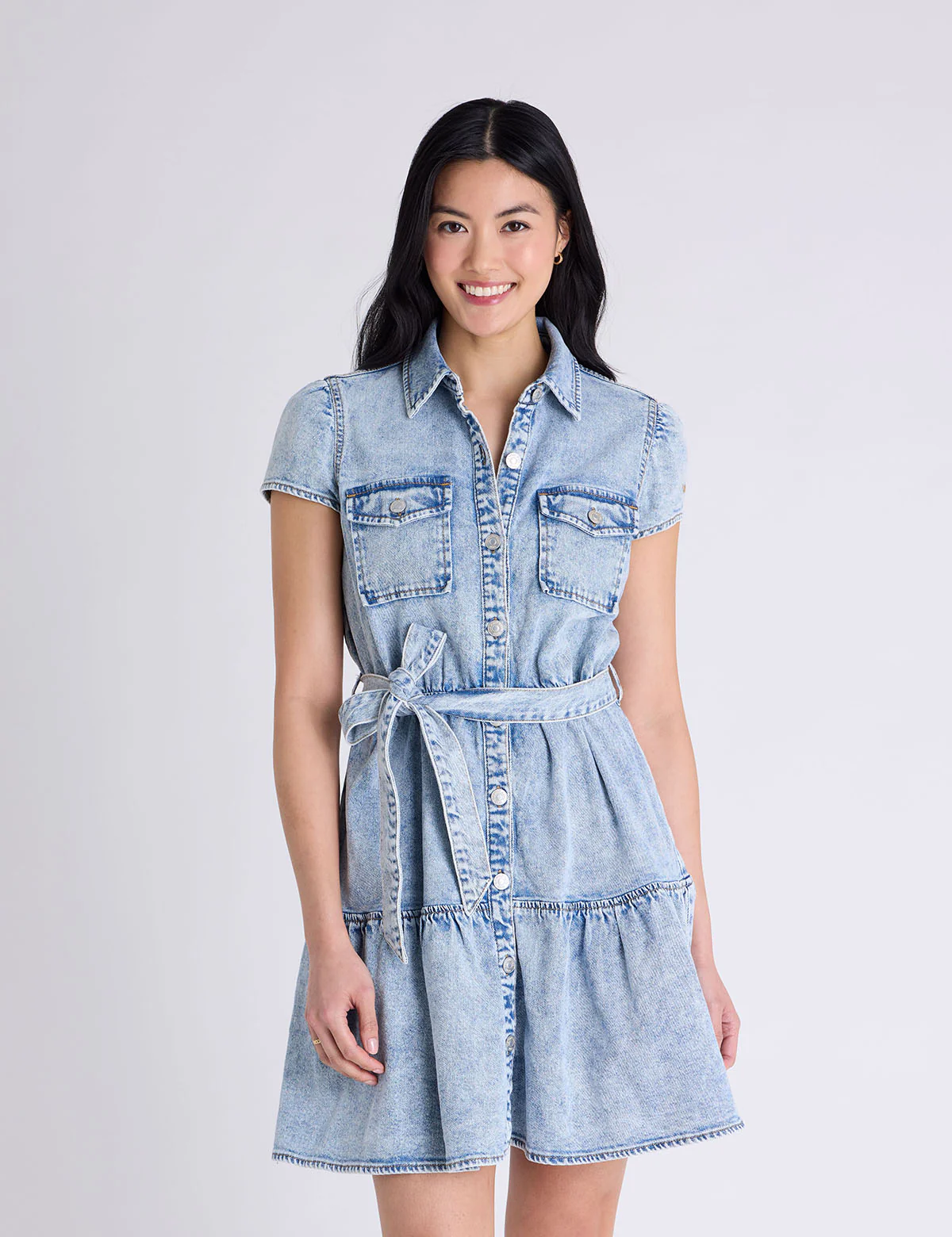 SHORT SLEEVE BELTED PEPLUM DENIM DRESS - Image 3