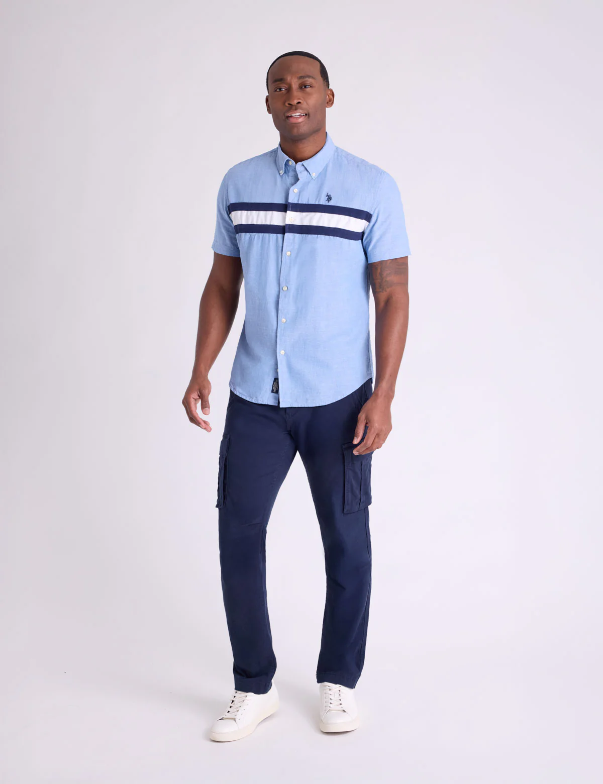SHORT SLEEVE CHEST STRIPE SLUB CHAMBRAY SHIRT - Image 3