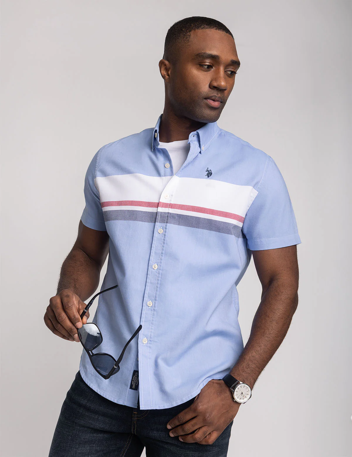 SHORT SLEEVE COLOR BLOCK CHEST STRIPE SHIRT - Image 2
