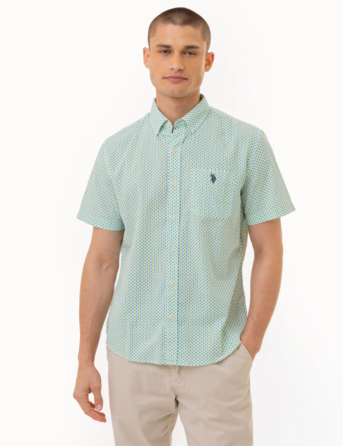 SHORT SLEEVE DIAMOND PRINT WOVEN SHIRT
