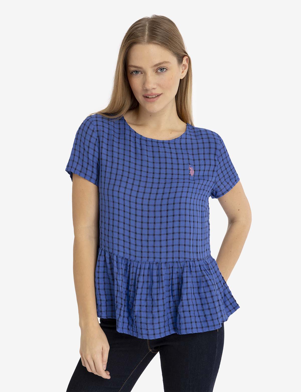 SHORT SLEEVE PEPLUM GRID TOP - Image 5