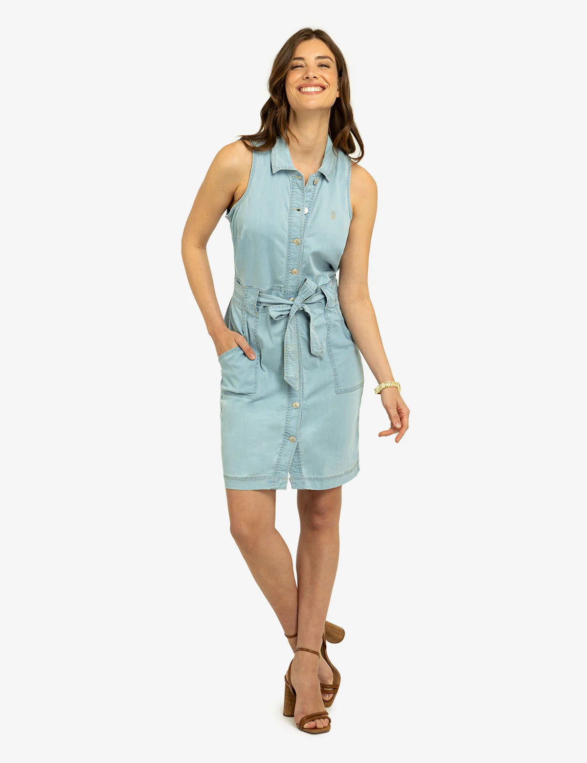 SLEEVELESS SELF TIE DENIM DRESS - Image 7