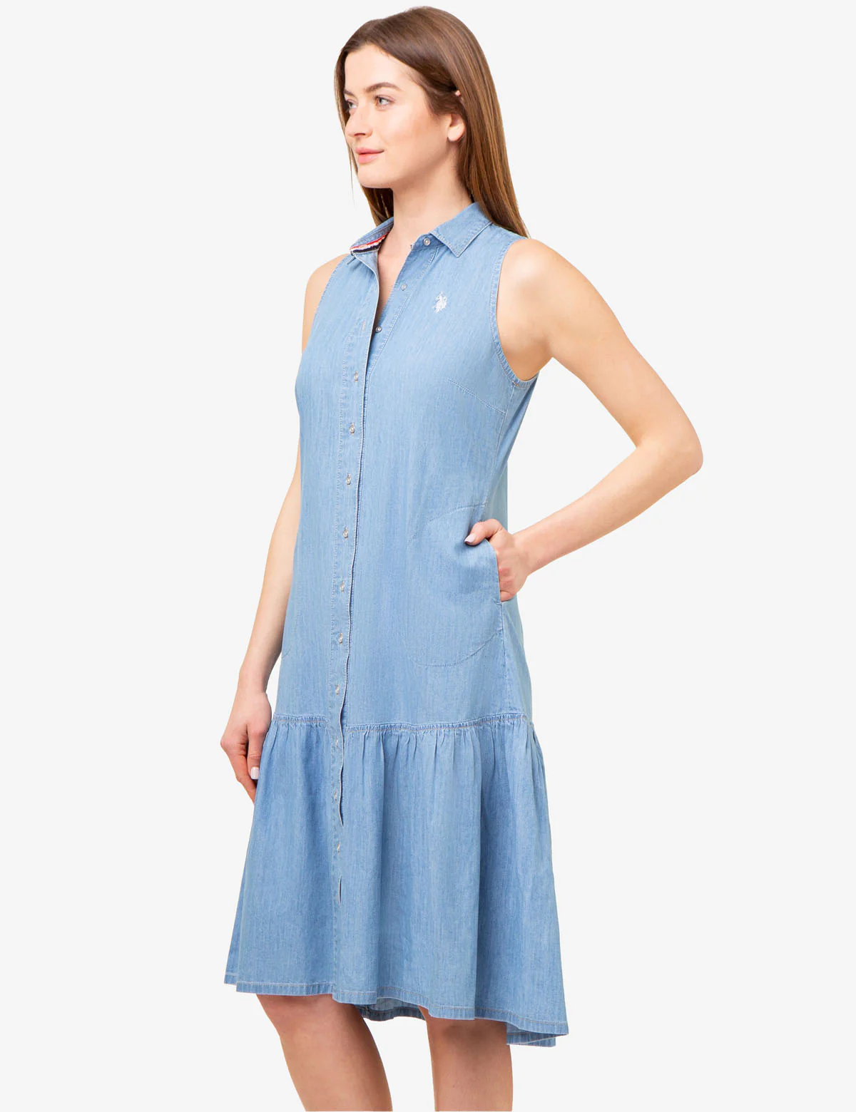 SLEEVELESS TIERED CHAMBRAY DRESS - Image 2