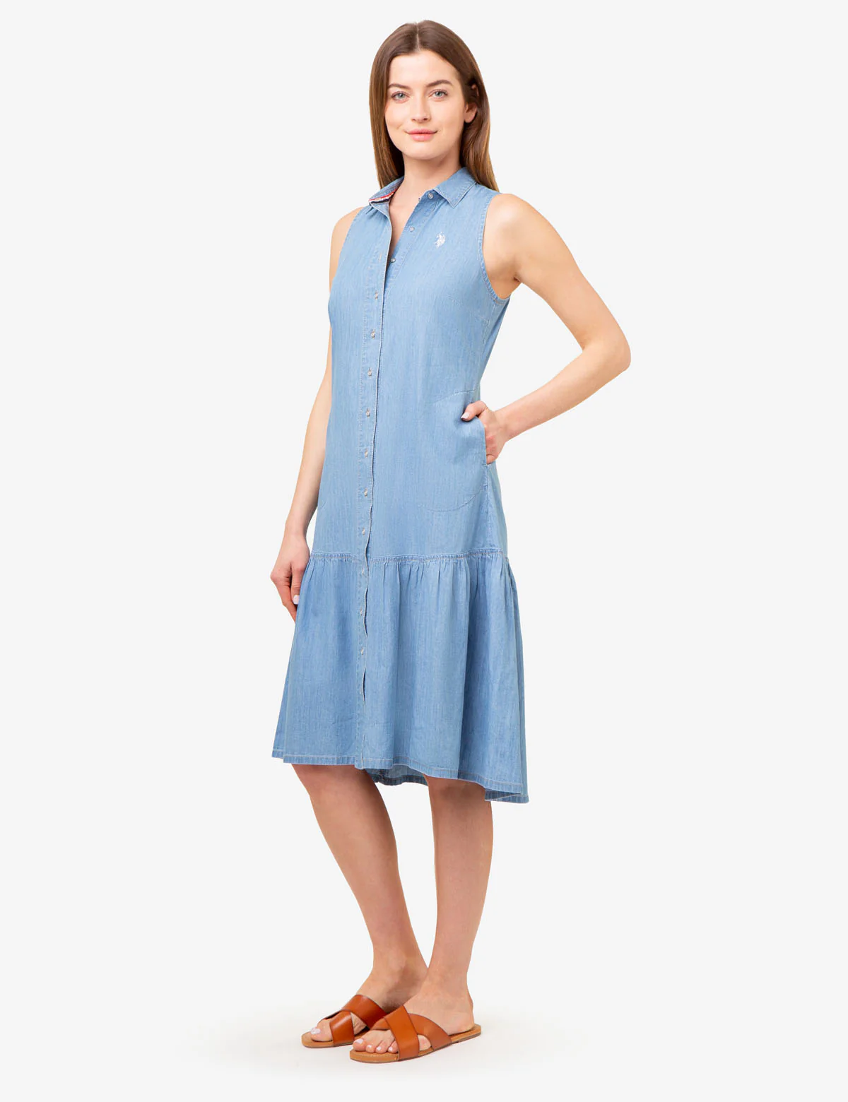 SLEEVELESS TIERED CHAMBRAY DRESS - Image 4