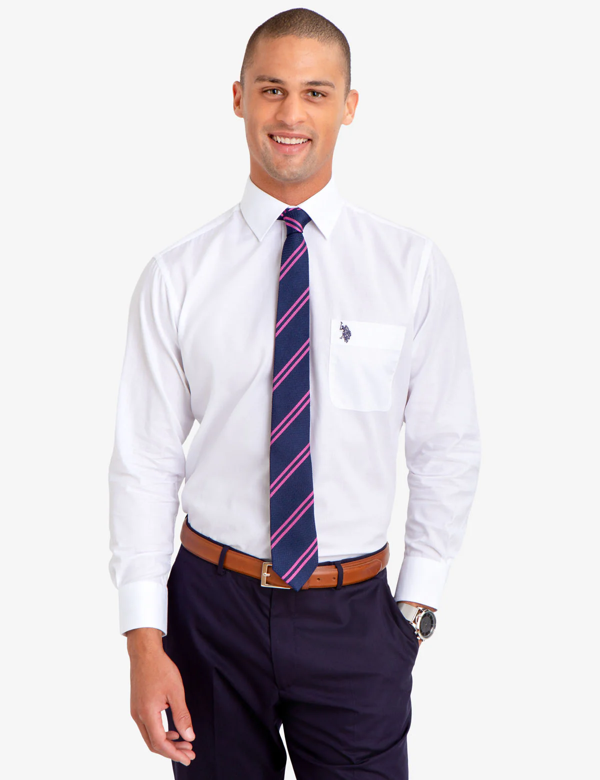 SPREAD COLLAR SOLID HERRINGBONE DRESS SHIRT - Image 5