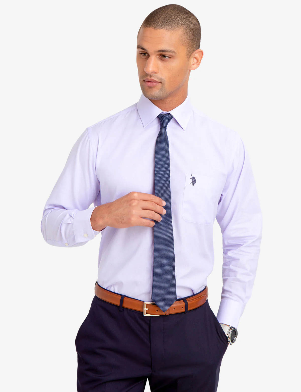 SPREAD COLLAR SOLID HERRINGBONE DRESS SHIRT - Image 8