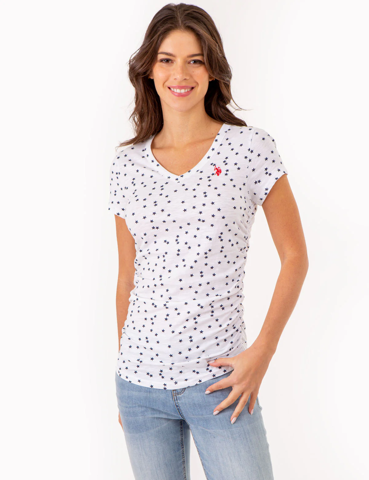 STAR PRINT RUCHED SIDE V-NECK T-SHIRT - Image 10