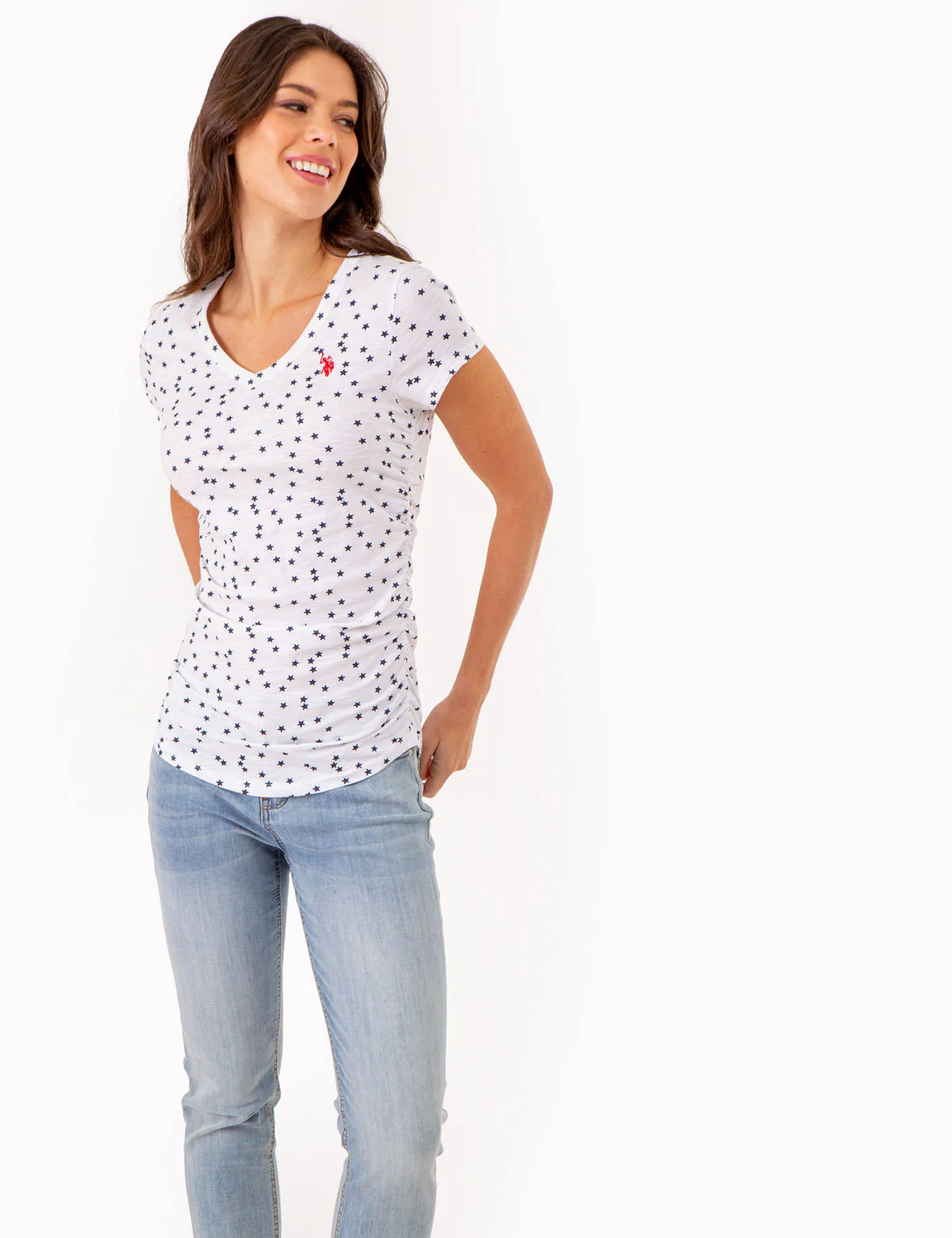 STAR PRINT RUCHED SIDE V-NECK T-SHIRT - Image 14