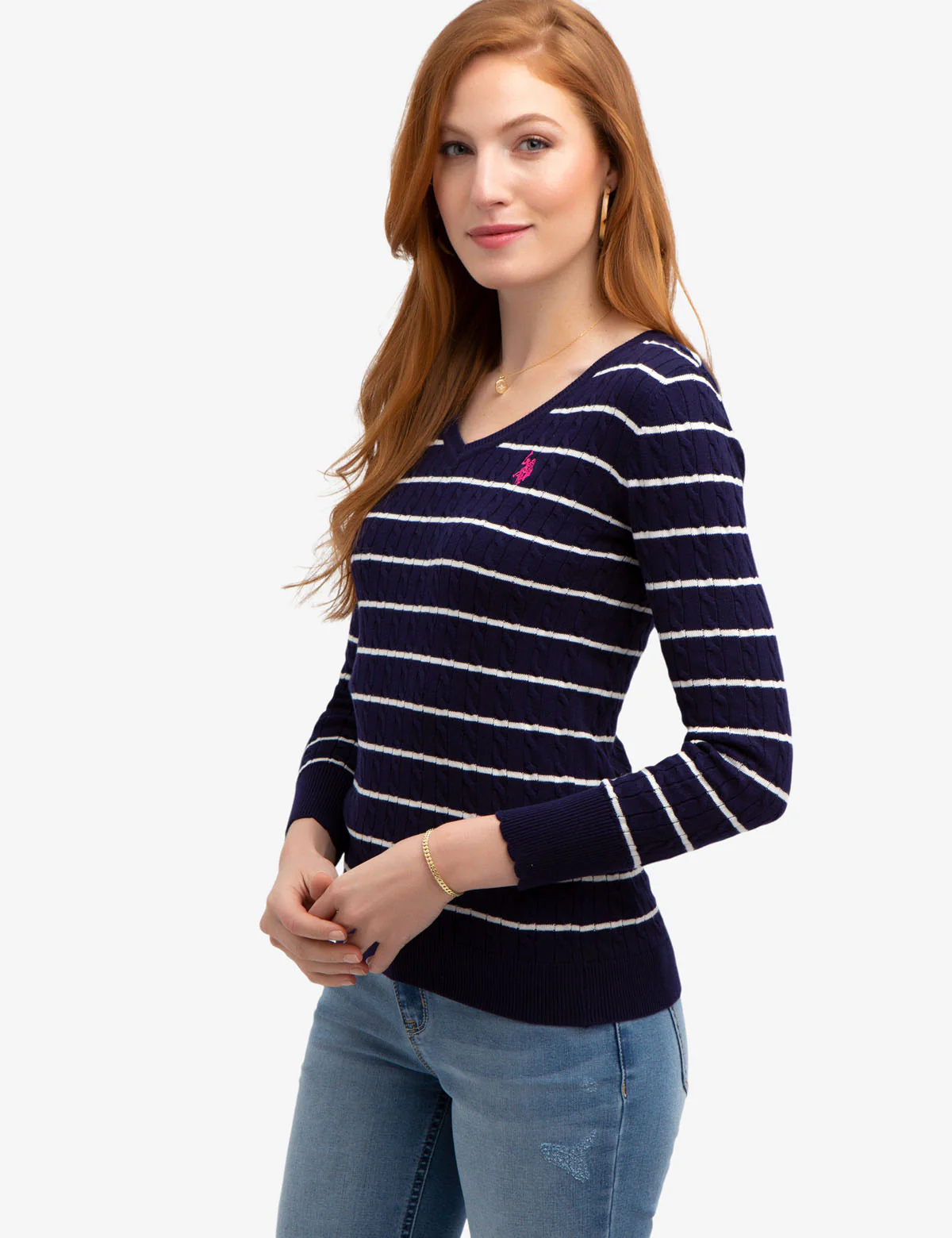 STRIPED CABLE KNIT V-NECK SWEATER - Image 4