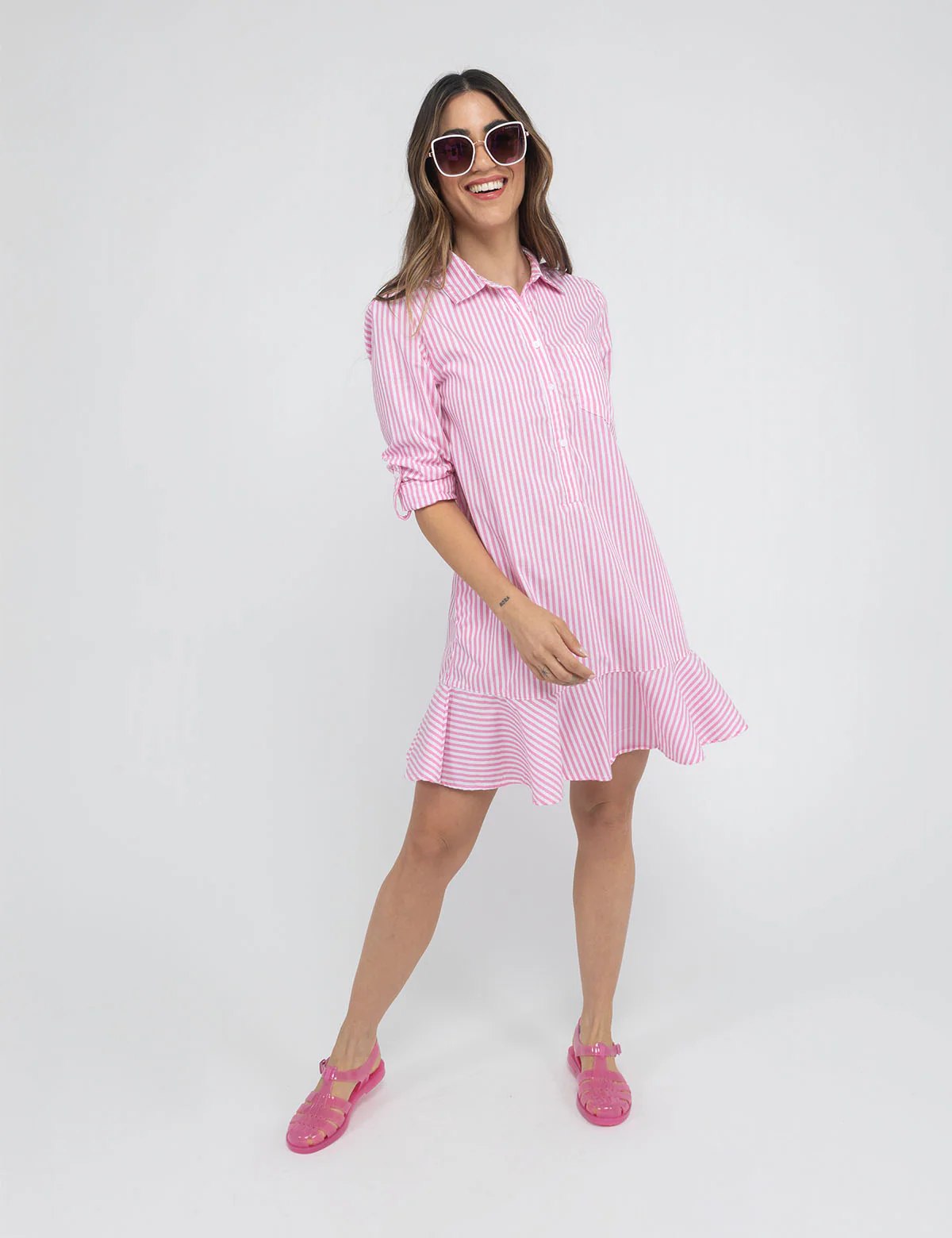 STRIPED DROP PEPLUM SHIRT DRESS