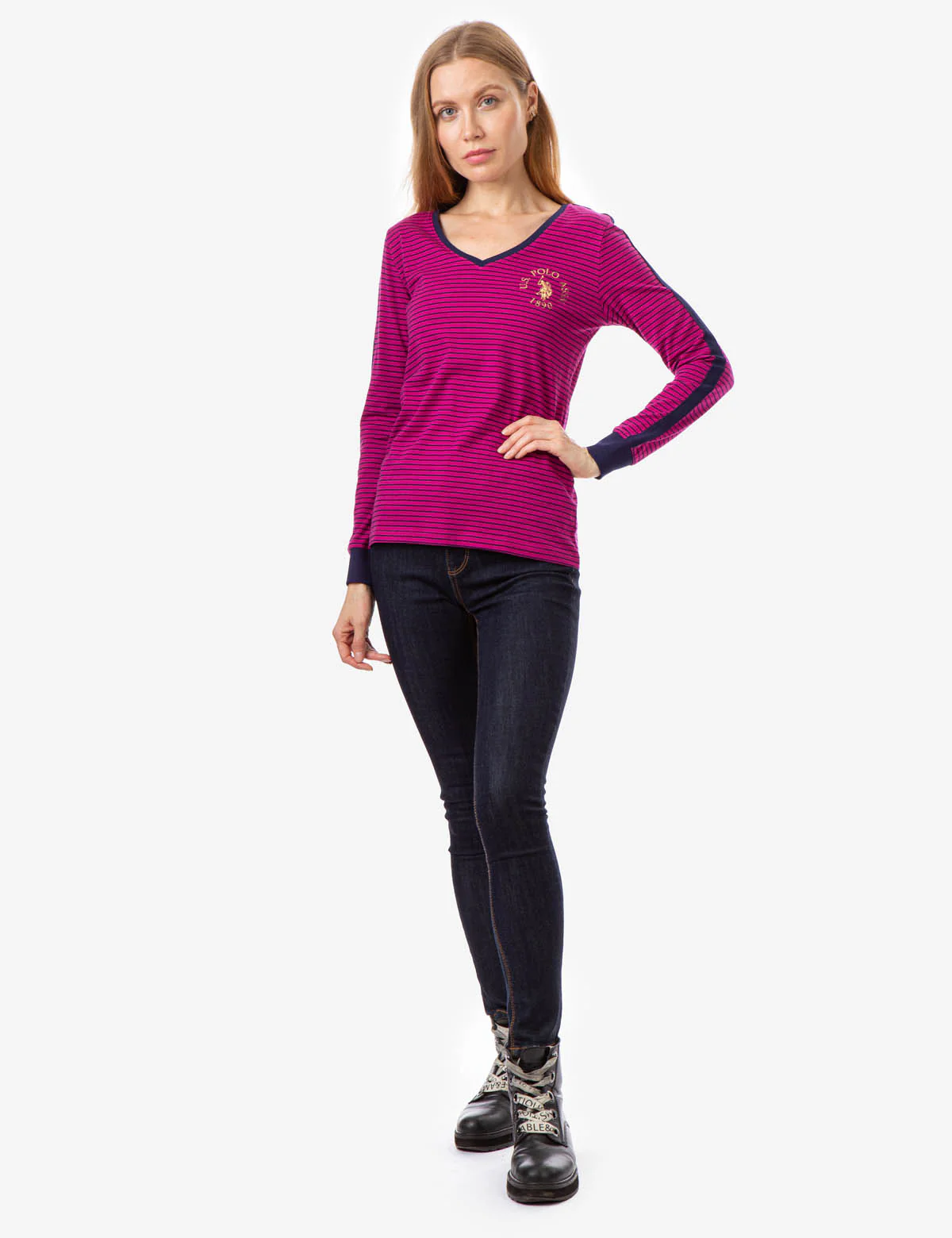 STRIPED V-NECK LONG SLEEVE T-SHIRT - Image 2