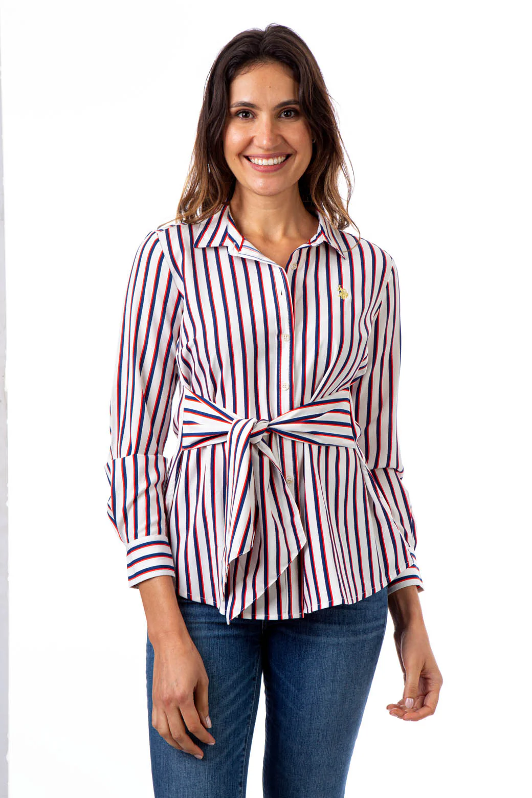 LONG SLEEVE TIE WAIST STRIPED SHIRT - Image 3