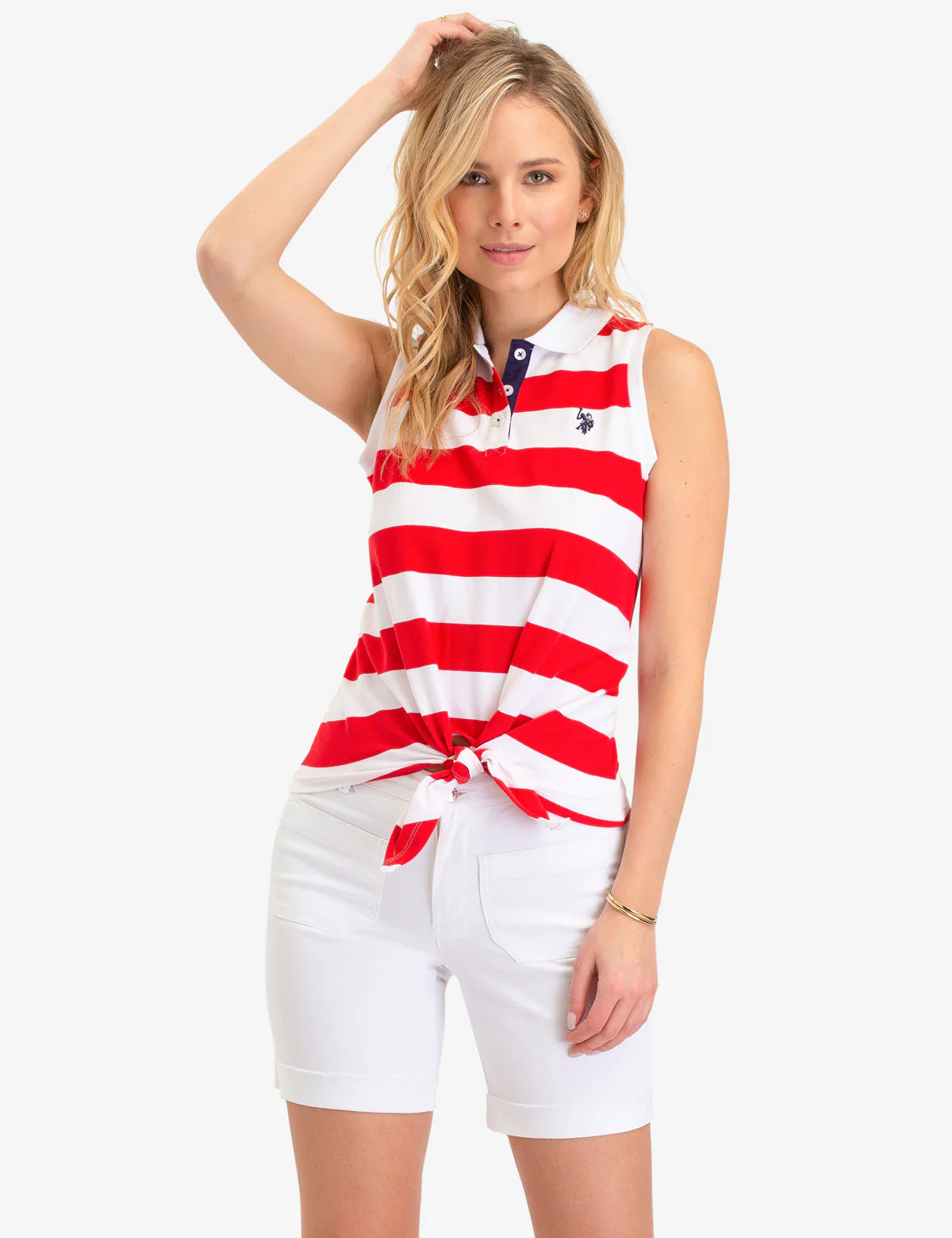 TIE FRONT STRIPED SLEEVELESS POLO SHIRT