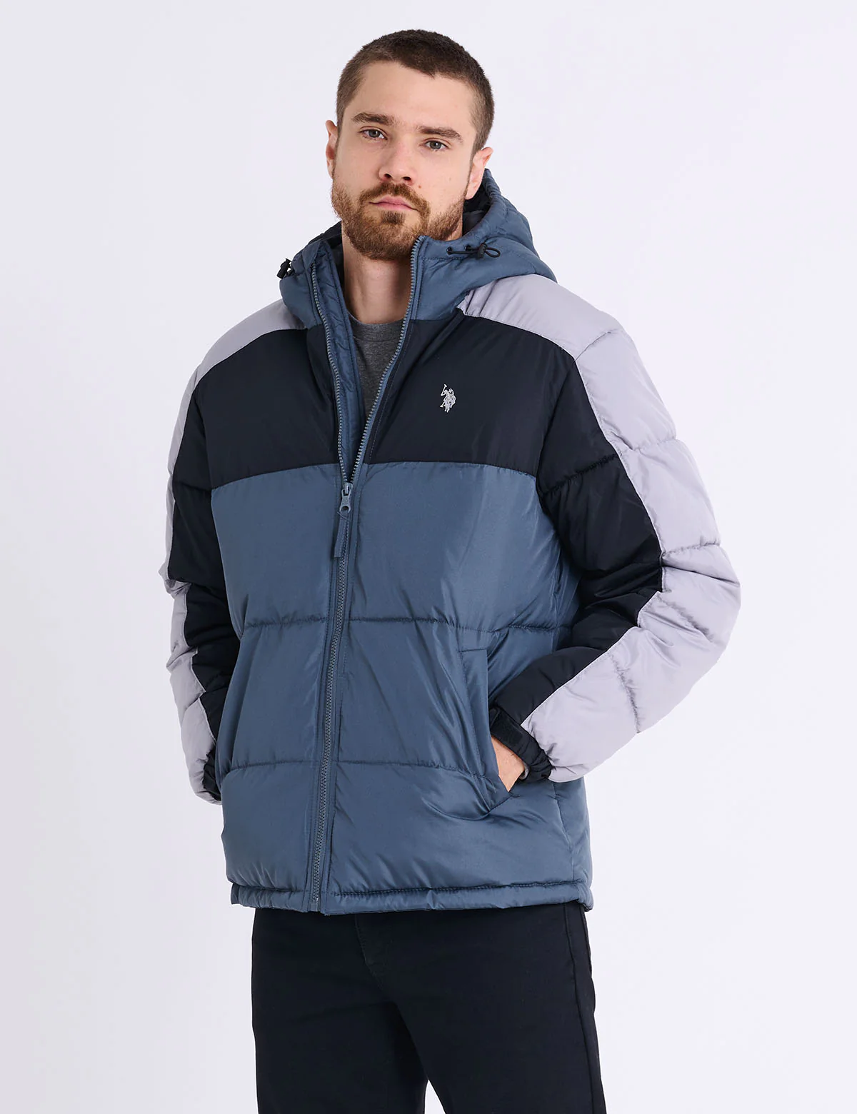 TRI COLOR BLOCK HOODED PUFFER JACKET - Image 24