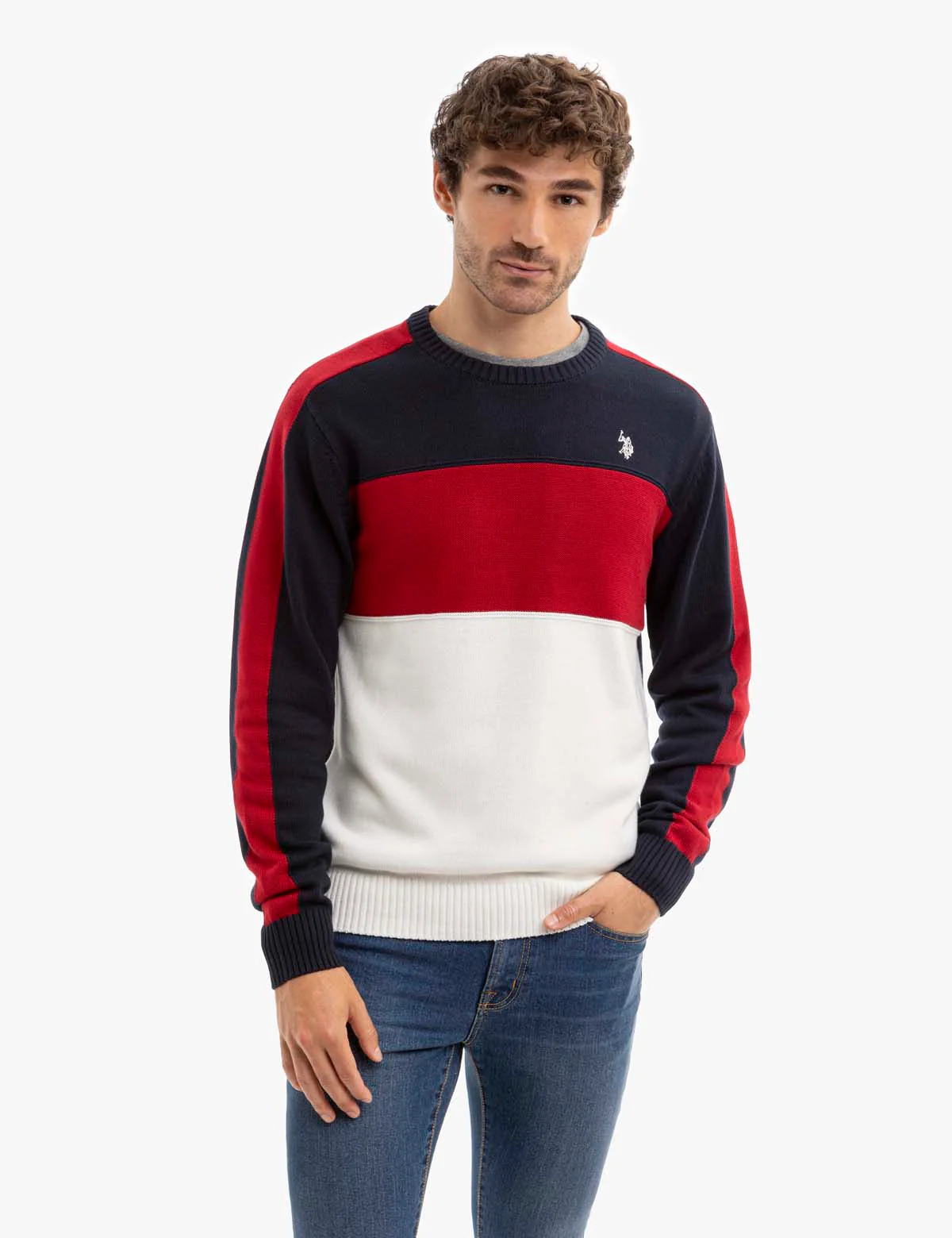 TRI COLORBLOCK CREW NECK SWEATER