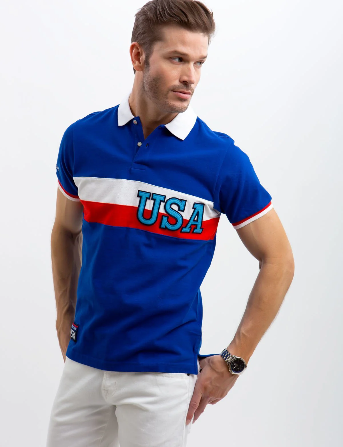 USA CHEST STRIPED POLO SHIRT - Image 2