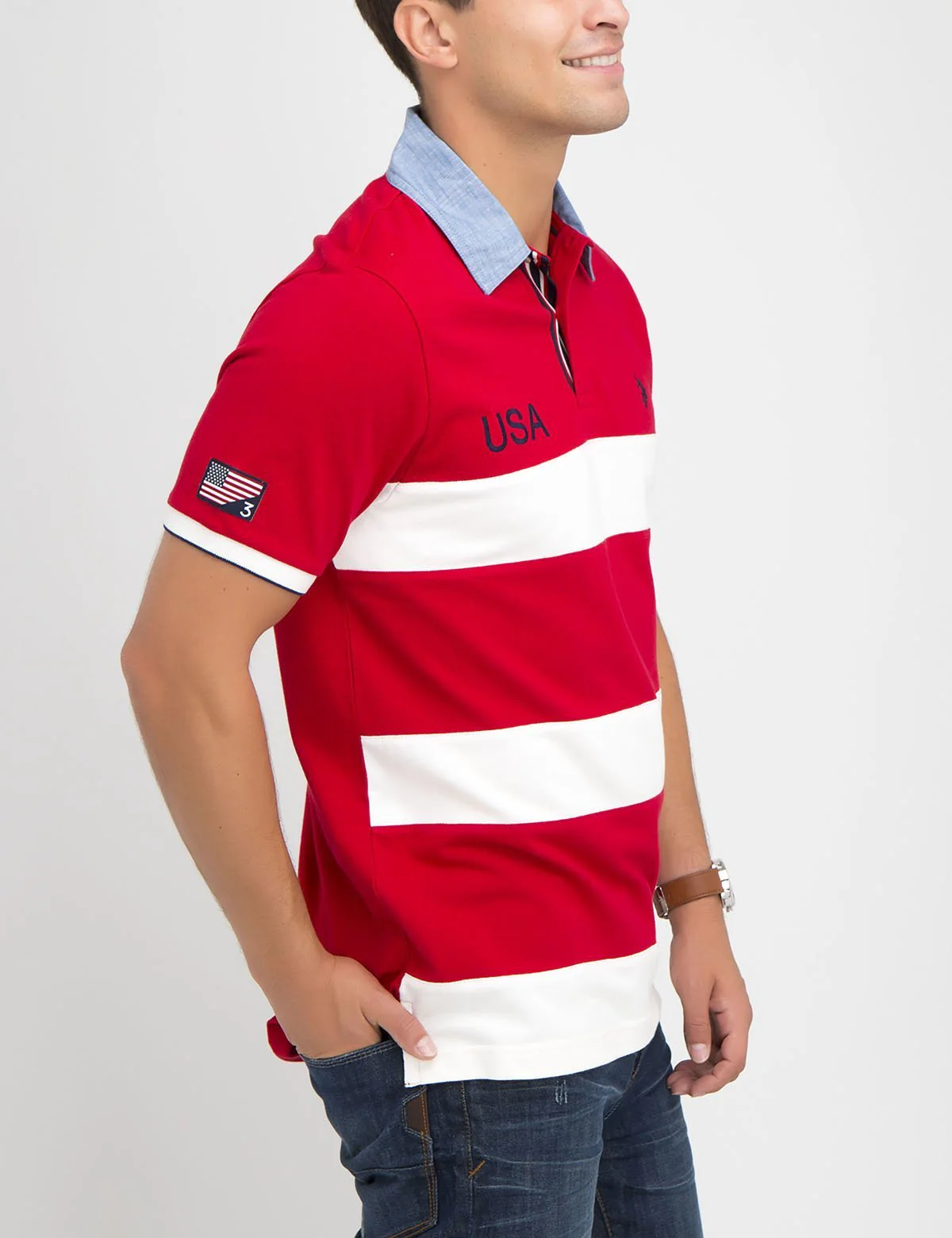 USA OXFORD COLLAR STRIPED POLO SHIRT - Image 2