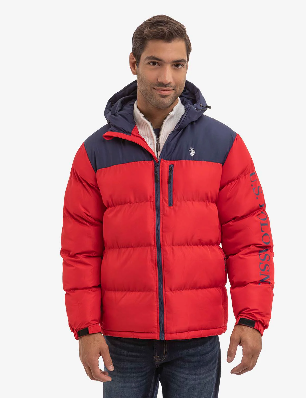 WORDMARK COLORBLOCK HOODED PUFFER JACKET